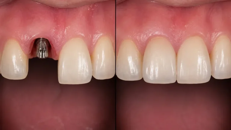 Vorher-Nachher: Einzelzahnimplantat mit Abutment und finaler Keramikkrone