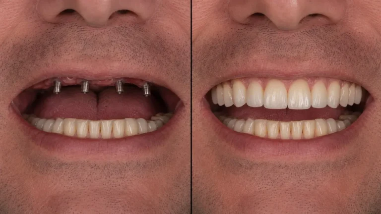 Vorher-Nachher: implantatgetragener festsitzender Zahnbogen (All-on-4 / All-on-6)